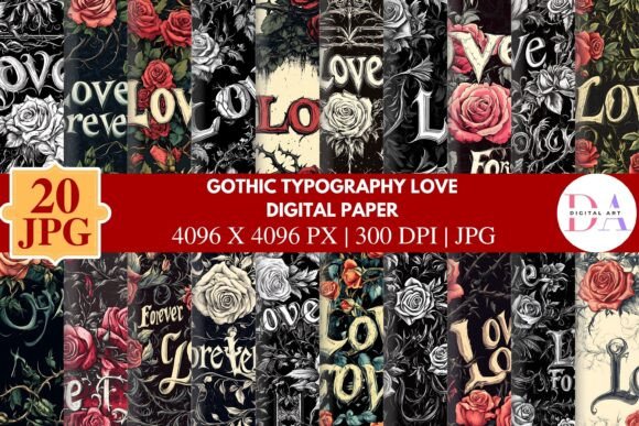 Download Gothic Typography Love Digital Paper - Premium Bundle